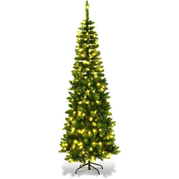 Різдвяна ялинка-олівець з теплими білими світлодіодними вогнями, штучна ялинка зі складною системою та металевою підставкою, ПВХ хвоя, штучна зелена ялинка (225 см) 225 см, 135/200/225