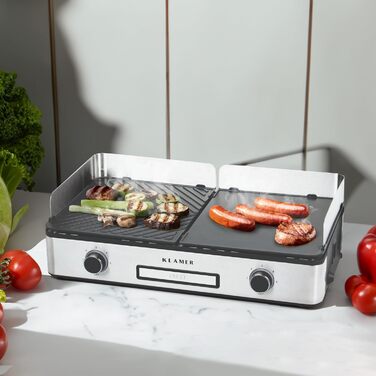 Електричний гриль KLAMER, подвійні пластини з антипригарним покриттям і знімними, роздільне налаштування температури, 5 рівнів гриля, із захистом від вітру/бризок і піддоном для крапель