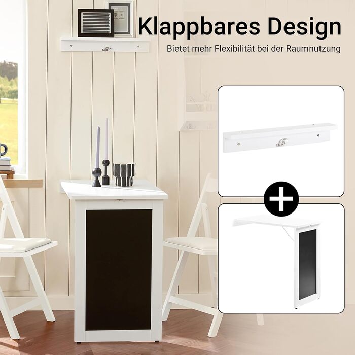 Настінний розкладний обідній стіл SoBuy з відкидною дошкою, розкладний обідній стіл з дошкою для записів, компактний розкладний стіл для кухні, офісу та невеликих кімнат, білий, 50 см x 75 см x 76 см, FWT20-W