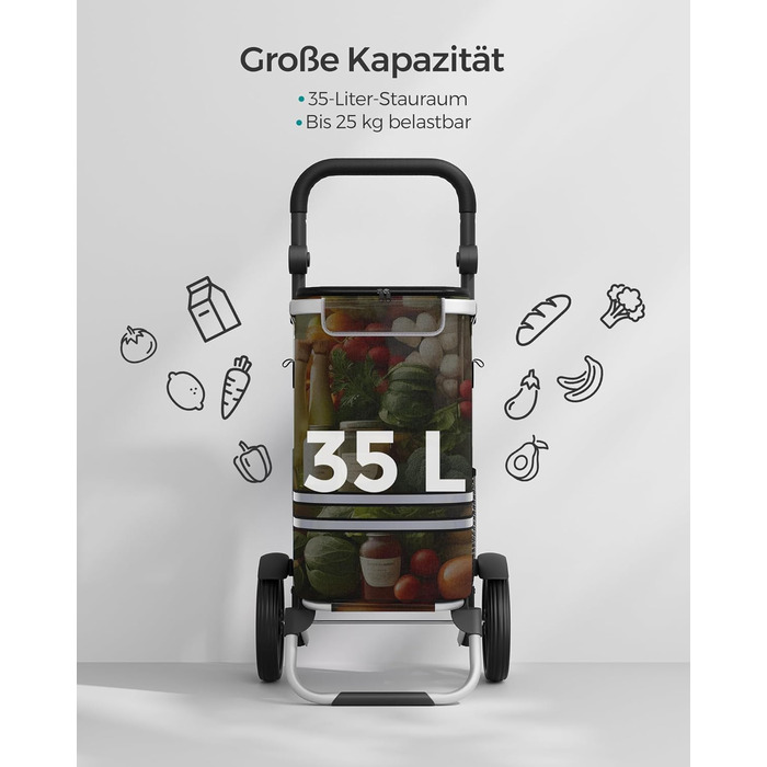 Сумка-візок SONGMICS для покупок, 35 літрів, з термо-відділенням, чорна, складана, знімний мішок KST03BK