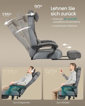 Ігрове крісло SONGMICS, офісне крісло, комп&39ютерне крісло, ергономічний дизайн, з підставкою для ніг, регульований підголівник, поперекова підтримка, вантажопідйомність 150 кг, сірий сланцевий колір OBG077G01, штучна замша сланцево-сірого кольору