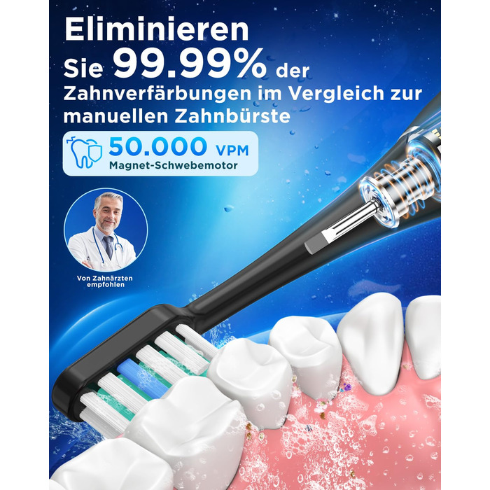 Електрична зубна щітка з 8 насадками (3 типи), звукова зубна щітка для дорослих, з таймером, до 120 днів роботи від акумулятора, 5 режимів чищення, дорожній футляр, настільна зарядна станція, колір чорний