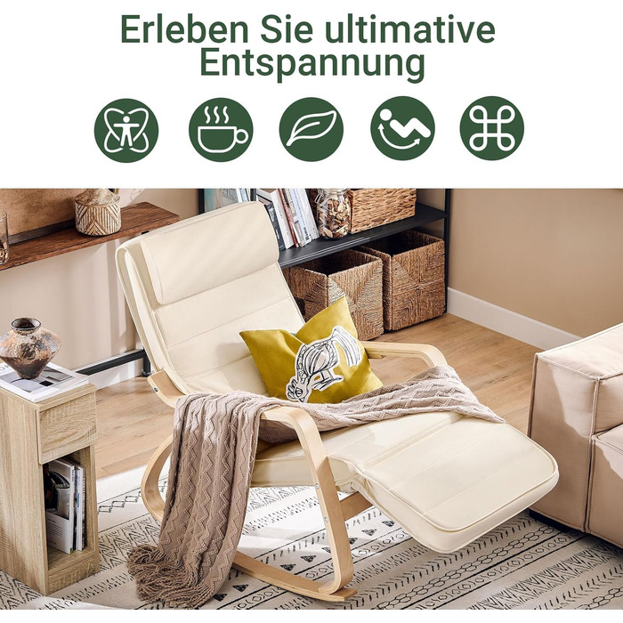 Крісло-гойдалка SoBuy з подушкою, крісло-гойдалка з підголівником та регульованою підставкою для ніг, крісло для відпочинку - бежевий FST16-W