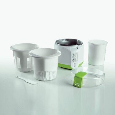 Машина для сиру та йогурту з 6 програмами, м'яка на дотик панель керування, контейнер 500 мл з антипригарним покриттям, максимальна температура 90C, включаючи книгу рецептів, 500 Вт, білий/зелений, 615