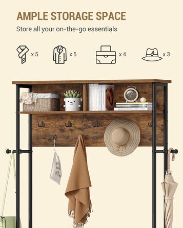 Вішалка для одягу Hzuaneri з лавкою для взуття, шафа з 13 гачками, 14 відкритими відділеннями, регульовані полиці, вішалка для одягу для коридору, вхідної зони, 31 x 108 x 187 см, вінтажний коричнево-чорний HT17901B