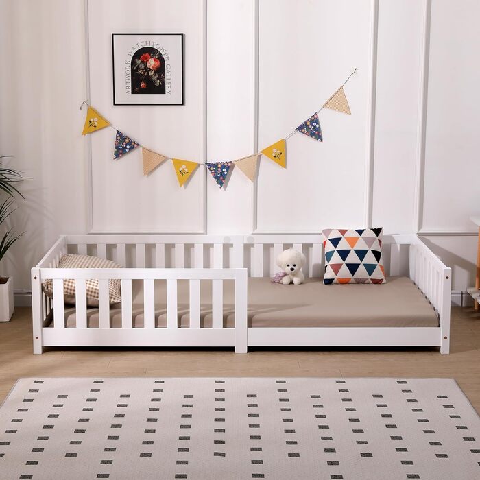 Дитяче ліжко ecomi 80x160 із захистом від падіння, Ліжко на підлогу, Дитяче ліжко з рейковою основою для дівчаток та хлопчиків, Масив сосни білого кольору, 80 x 160 см, Білий