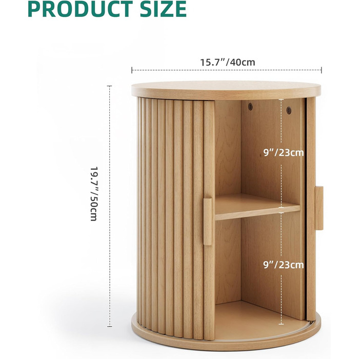 Круглий стіл YITAHOME з шафою з розсувними дверима, бічний столик з 2-ярусною полицею для зберігання для спальні, їдальні, вітальні, домашнього офісу або квартири, невеликий журнальний столик/тумбочка, світлий дуб
