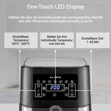 Фритюрниця KLAMER 5.5 л XXL, безмасляна фритюрниця, 1700 Вт зі світлодіодним сенсорним екраном, цифрова німецька книга рецептів, багатофункціональна міні-фритюрниця без олії 5.5 л з нержавіючої сталі