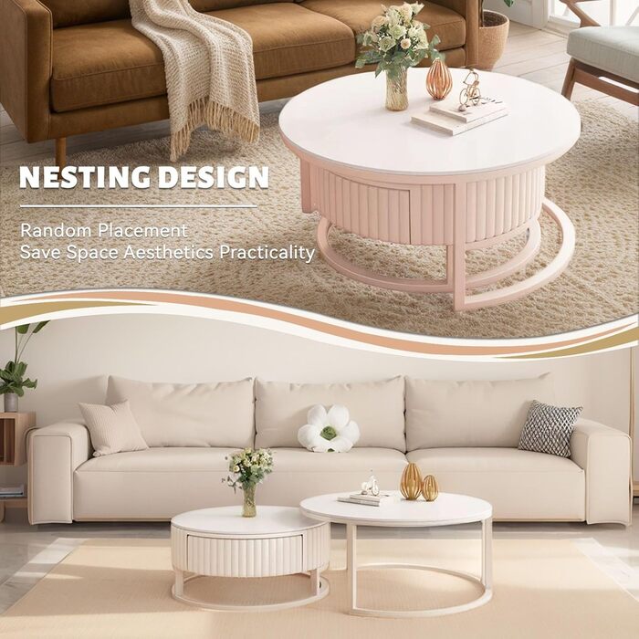 Круглий білий журнальний столик, набір із 2 сучасних столів для вітальні, круглий мармуровий журнальний столик із місцем для зберігання, дерев&39яний бічний столик, білий металевий каркас, гніздові столики для вітальні, спальні, офісу