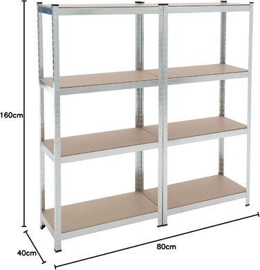 Безболтовий стелаж ESTEXO, стелажі для зберігання, 21 модель на вибір, надміцні стелажі, стелажі для підвалу, стелажі для майстерні, стелажі для робочого столу, гаражні стелажі (оцинковані / 2 шт. 160x80x40см / 640кг) 2 шт. 160x80x40см / 640кг оцинковані