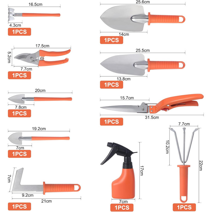 Набір садових інструментів Moendergo 10 предметів, набір садових інструментів з кельмою, машиною для пересадки, граблями, садовими ножицями, лопатами та пляшкою з розпилювачем (помаранчевий)