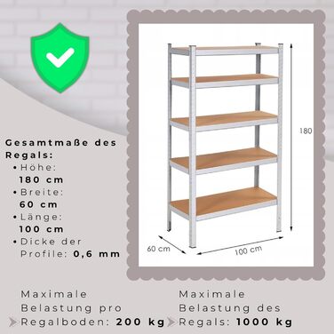 Металевий стелаж SPRINGOS, гаражний стелаж, підвальний стелаж, 60 x 100 x 180 см, 5 полиць, 60 x 100 x 180 см, сріблястий