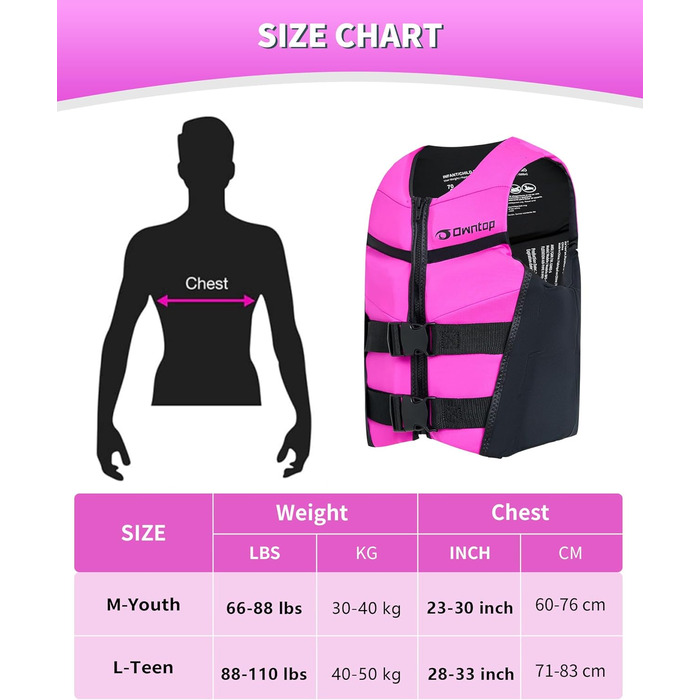 Рятувальний жилет Owntop для підлітків та дітей Легкий неопреновий рятувальний жилет Регульований рятувальний жилет з подвійними пряжками безпеки для плавання, каякінгу, веслування та риболовлі, рожевий M (30-40 кг)