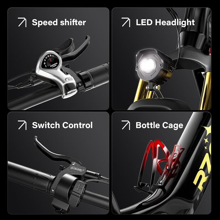 Гірський електровелосипед E-MTB з колесами 26 дюймів (66 см) та крутним моментом 70 Нм для дорослих, зі знімним літій-іонним акумулятором 48 В 17,5 Аг, 7 передачами з подвійною амортизацією та дисковими гальмами