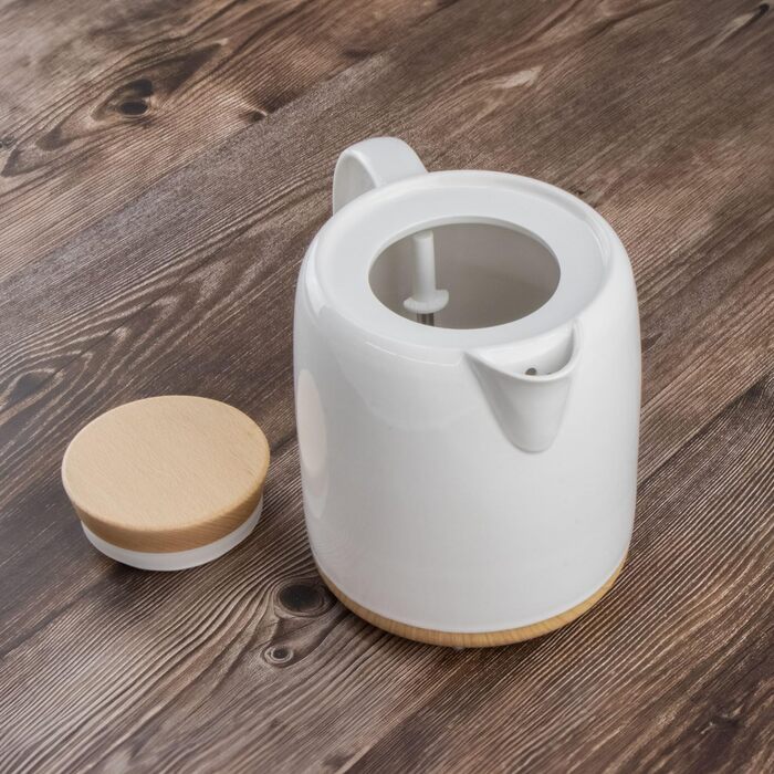 Електричний чайник з кераміки з дерев'яною кришкою, об'ємом 1 літр, білий - Сучасний дизайн. 1200 Вт, 220 В, 50-60 Гц. Чайник елек