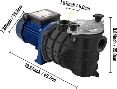 Фільтр-насос для басейну VEVOR 15000 л/год, 1 к.с., знімний кошик фільтра, потужність 750 Вт, напір макс. 14,5 м, для басейнів, спа та термальних джерел