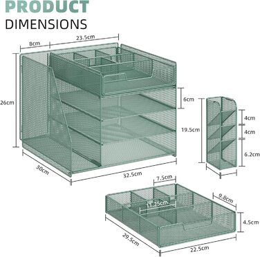Настільний органайзер Marbrasse з тримачами для файлів, 4-рівневий лоток для листів, відділення, шухляди, підвісний тримач для ручок, сітчастий лоток для паперу для зберігання документів у домашньому офісі (зелений)