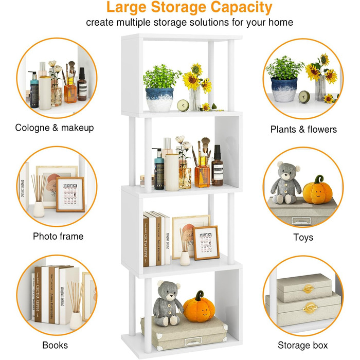 Ярусна книжкова полиця IBUYKE, S-подібна книжкова полиця, роздільник кімнати, сходинкова полиця з місцем для зберігання, сучасна книжкова полиця, декоративна полиця для вітальні, спальні, домашнього офісу, біла WBC015W 5 ярусів білого кольору, 5-