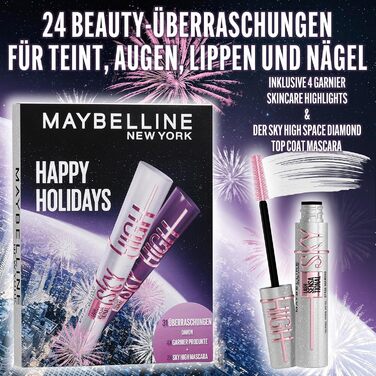 Різдвяний календар Maybelline New York на 2025 рік із 31 дверима на весь грудень, 26 повнорозмірними продуктами та 5 подарунками, включаючи 2 туші Sky High Mascara 4 продукти Garnier Skincare.