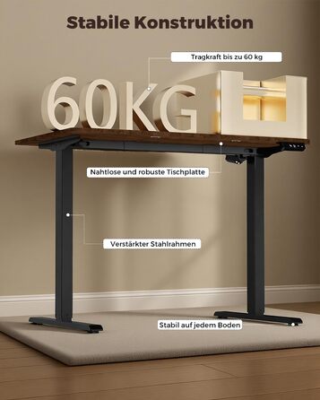 Стіл з регульованою висотою, 120 x 60 см, пам&39ять налаштувань висоти з 2 режимами, легке складання, для домашнього офісу, навчання та ігор, вінтажно-коричневий