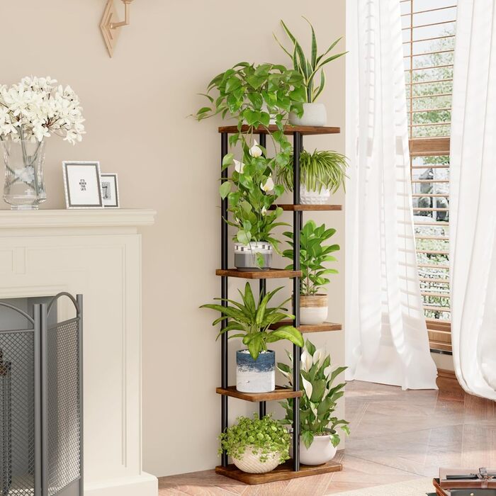 Велика підставка для рослин Bamworld для кімнатних рослин, 6-рівнева металева полиця для рослин, тримач для рослин, стійка для кількох рослин, горщики для патіо, саду, кута, балкону, вітальні, 6-рівнева рустикальна коричнева