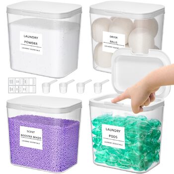 Контейнери для прального порошку Lifewit, 4 шт., 2700 мл/0,72 галона, з етикетками та ложками, коробка для зберігання прального порошку із застібкою-кнопкою, коробка для миючого засобу, контейнер для зберігання прального порошку з підсилювачем перлового а