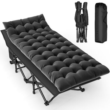 Розкладне похідне ліжко з матрацом, туристичне ліжко, легке, до 208 кг, гостьове ліжко, складне з сумкою для перенесення, сталеве туристичне ліжко для дорослих, для вулиці, приміщень, саду, подорожей, розкладне ліжко, чорне XL 190x735см