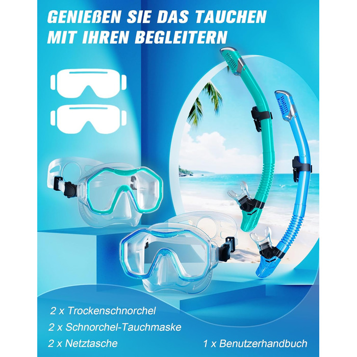 Набір для дорослих з маскою для снорклінгу, комплект з 2 предметів, комплект для снорклінгу з панорамною маскою для снорклінгу та сухим снорклінгом, водонепроникна маска для дайвінгу з загартованого скла для дайвінгу, снорклінгу, плавання, прозорий синьо-