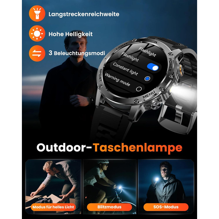 Чоловічий військовий смарт-годинник з акумулятором 1000 мАг, 1,7-дюймовий HD смарт-годинник/світлодіодний ліхтарик/водонепроникність IP68/пульсометр/SpO2/монітор сну/100 спортивних режимів, фітнес-годинник для iOS Android чорний