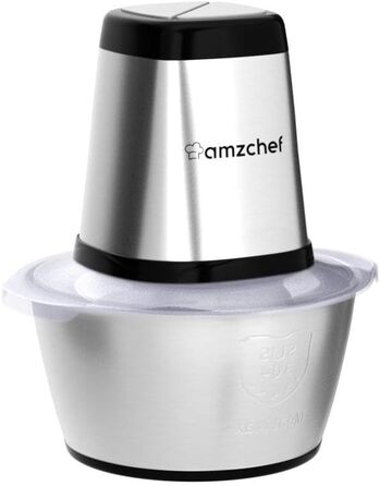 Електричний кухонний подрібнювач AMZCHEF, мультиподрібнювач 500 Вт з чашею з нержавіючої сталі 1,5 л, 2 режими швидкості, 4 леза для м'яса, овочів, цибулі, фруктів, функція безпеки