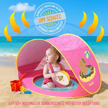 Розкладний пляжний намет Портативний пляжний намет із захистом від ультрафіолету та вітру Пляжний м&39яч, вбудована пісочниця, басейн Кишені для зберігання речей, вікно на блискавці для 2 осіб Рожевий