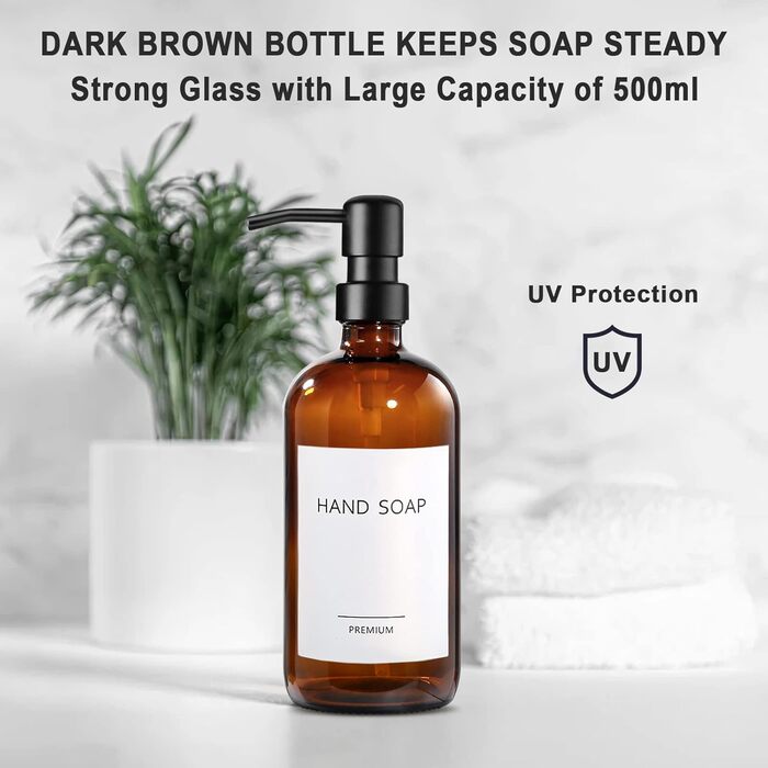 Дозатор для мила скляний, дозатор для мила 500 мл коричневого кольору з насосом з нержавіючої сталі, набір твердих дозаторів для м