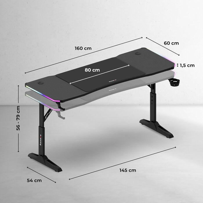Ігровий стіл huzaro Hero 4.6 RGB - Регульована висота* - Стіл 160x60 см - Поверхня з вуглецевого волокна - Організатор кабелів - Підстаканник та тримач для навушників - ПК-стіл для офісу/домашнього офісу - Чорний RGB