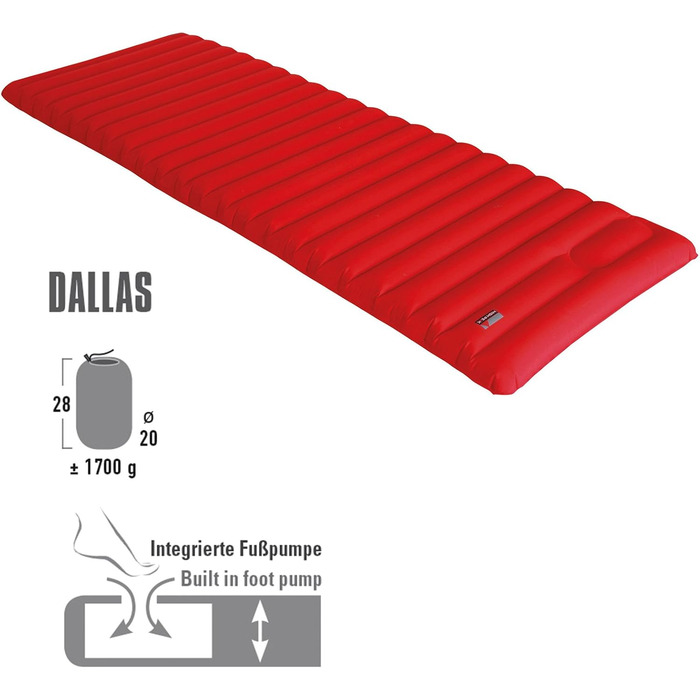 Надувний легкий матрац High Peak Dallas, вбудований ножний насос, килимок для сну, для кемпінгу, фестивалів, подорожей, трекінгу, пляжу, в комплекті мішок для речей, компактний, 197x70 см, товщина 10 см, 1700 г