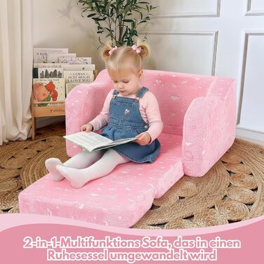 Дитячий диван MeMoreCool, розкладний, дитячий диван, диван-ліжко для малюків 2-в-1, дитяче крісло, міні-диван для дитячої кімнати, вишуканий ігровий диванчик для дівчаток та хлопчиків, рожевий