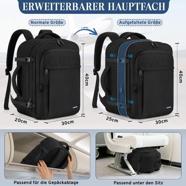 Рюкзак для ручної поклажі, розширювана дорожня сумка від 24 л до 30 л, водонепроникний рюкзак для ручної поклажі з вологим відділенням, ручна поклажа Ryanair 40x30x20 для 15-дюймового ноутбука для Ryanair, Lufthansa, чорний 40x30x20 см