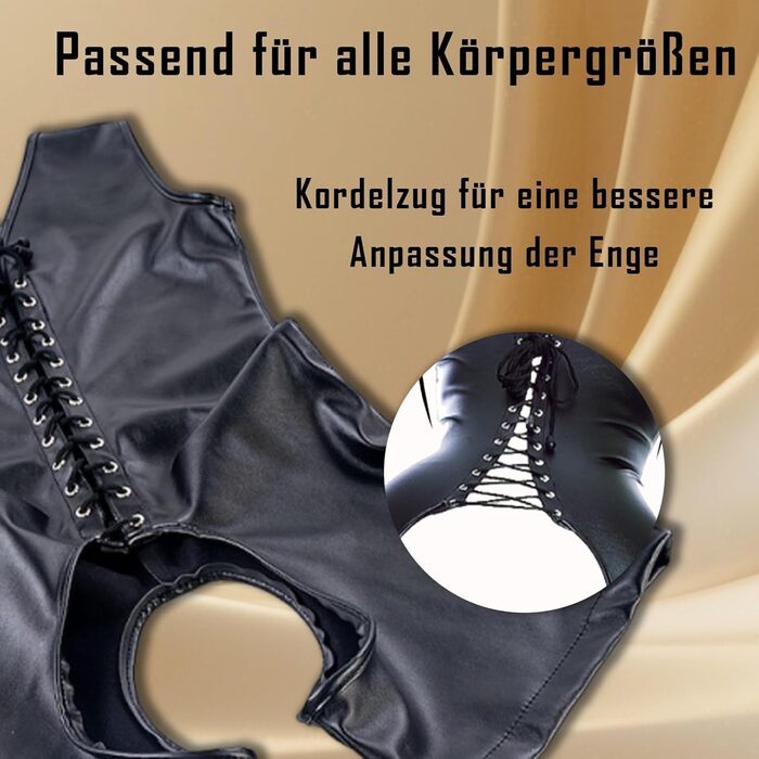 Бондажний шкіряний боді для жінок, з відкритою зоною та регульованими шнурівками, чорний, M/L