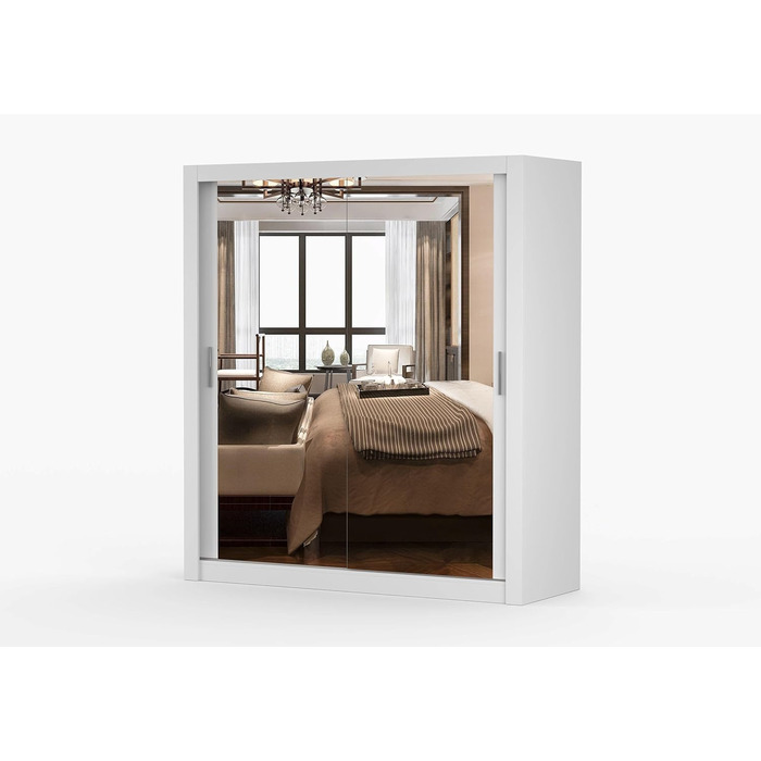 Шафа з дзеркалом - Шафа з розсувними дверима - Шафа для спальні - 64 x 180 x 215 см - Шафа для вітальні - Вішалка для одягу, Шафа з двома дверима, Сучасна 180 см Біла