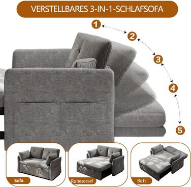 Диван-ліжко 3-в-1 з 5-позиційною регульованою спинкою, розкладний диван з 2 подушками та 2 боковими кишенями, сірий лляний 2-місний диван для гостьових кімнат та невеликих приміщень 167 x 137 см сірого кольору