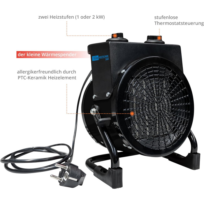 Керамічний вентилятор-обігрівач Gde 85178 GH 2000 K (2000 Вт, 2 рівні нагріву 1000/2000 Вт, макс. продуктивність обігріву приміщення 45 м, керамічний нагрівальний елемент PTC, безступінчастий термостат, захист від перегріву)