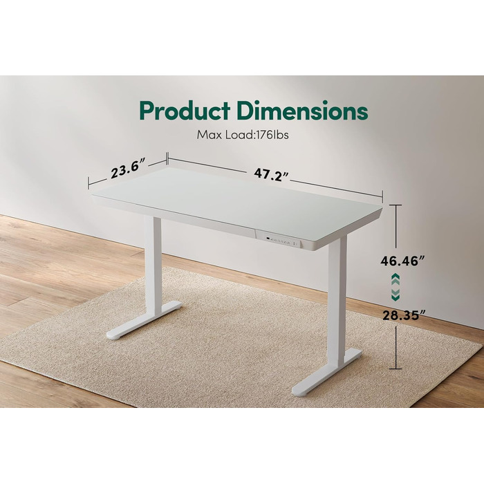 Електричний стіл для роботи стоячи 120 x 60 см з висувними шухлядами, регульований по висоті повністю скляний стіл, цільний, швидковстановлюваний регульований стіл для роботи сидячи та стоячи, біла скляна стільниця 120 x 60 см