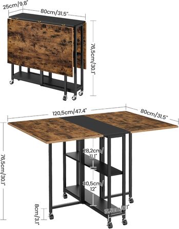 Розкладний обідній стіл, кухонний стіл, мобільний стіл, розкладний стіл з 6 коліщатками, що блокуються, та 2 полицями, для кухні, вітальні, квартири, сільський коричневий та чорний DTCZ01BF Рустикальний коричневий, чорний