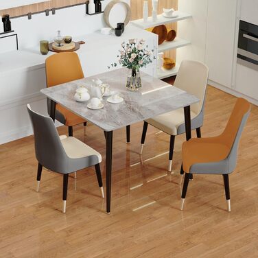Обідній стіл FATIVO, маленький кухонний стіл, мармур, для 2 осіб, простий обідній стіл, обідній стіл для вітальні, сірий глянцевий, столи для їдальні, ресторану, металеві ніжки, 8080 см, скандинавський стиль, 8080 см сірий