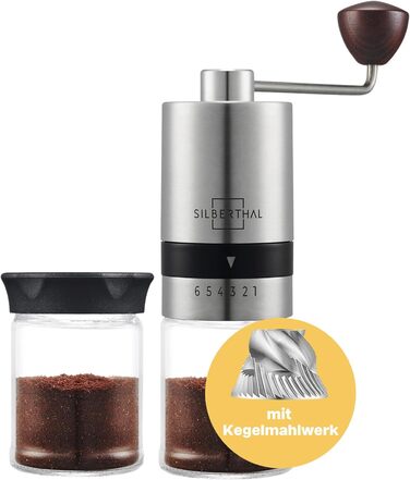 Кавомолка SILBERTHAL Ручна конічна кавомолка - Регульований ступінь помелу - Ручна кавомолка з нержавіючої сталі та скла - Змінне