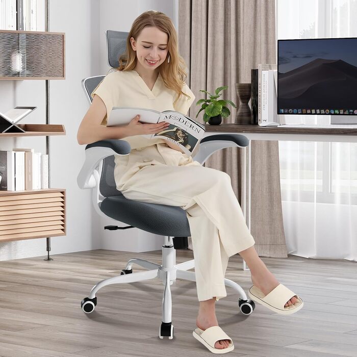 Офісне крісло COLAMY Mesh, комп&39ютерне крісло з регульованим підголівником та поперековою опорою, ергономічне робоче крісло з відкидними підлокітниками, функція нахилу 140, сірий класичний