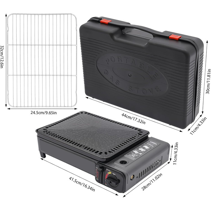 Газовий гриль-плита 2-в-1 для кемпінгу - портативний багатофункціональний гриль потужністю 3 кВт з п&39єзоелектричним запалюванням та запобіжним клапаном, включає комплект грилів алюмінієвий кейс (3,2 кг) для використання на вулиці/кемпінгу/балконі (41,5 