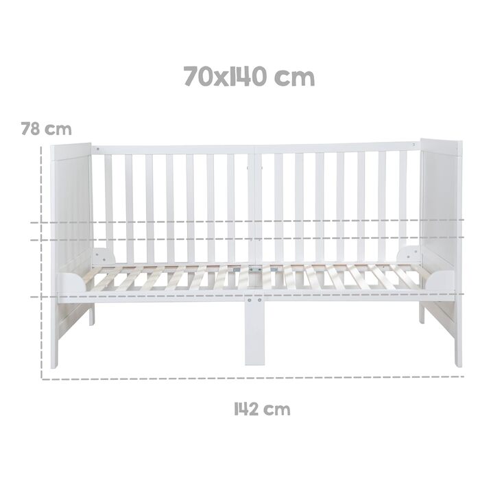 Дитяче ліжко roba EASY SLEEP 70 x 140 см, включаючи кутові перетяжки - Трансформоване ліжечко з 3 регулюваннями висоти - 3 знімні перекладини - Біле лаковане дерево - Матрац не входить до комплекту
