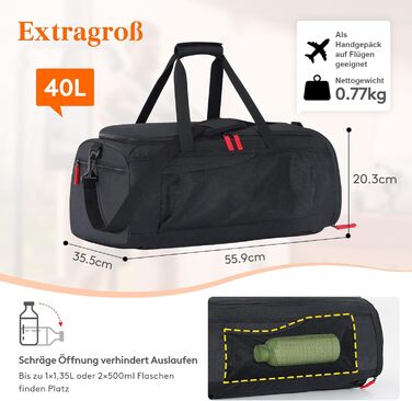 Чоловіча спортивна сумка Lifewit 40L, дорожній рюкзак з відділенням для взуття та вологим відділенням, спортивна сумка, водонепроникна тренувальна сумка для ручної поклажі під час польотів, спорт, фітнес, подорожі, чорний