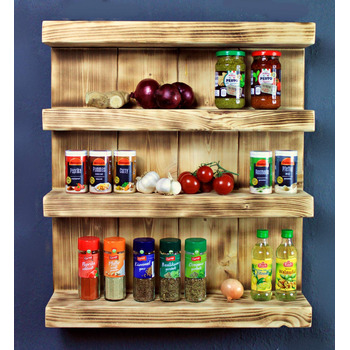 Декоративна дерев&39яна підставка для спецій - для настінного монтажу або окремого використання - полум&39яне покриття - 4 полиці - 57 x 50 x 12 см - масив дерева, коричневий (полум&39яне)