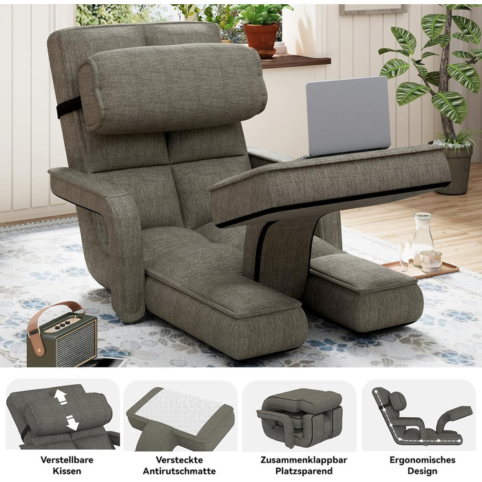 Регульоване підлогове крісло UNIONLINE, складне, з підлокітниками, ігрове крісло з подушкою та підставкою для ніг, одне крісло, ліжко для спальні, дому, офісу, темно-сіре